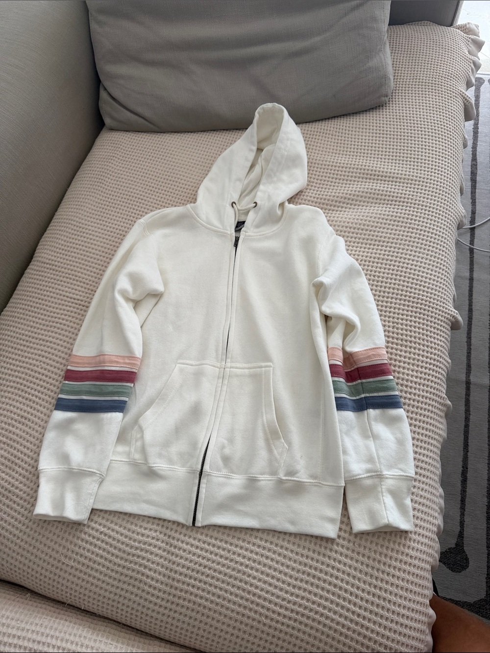 MV Sport Cream Zip-Up Hoodie with Multicolor Sleeve Stripes